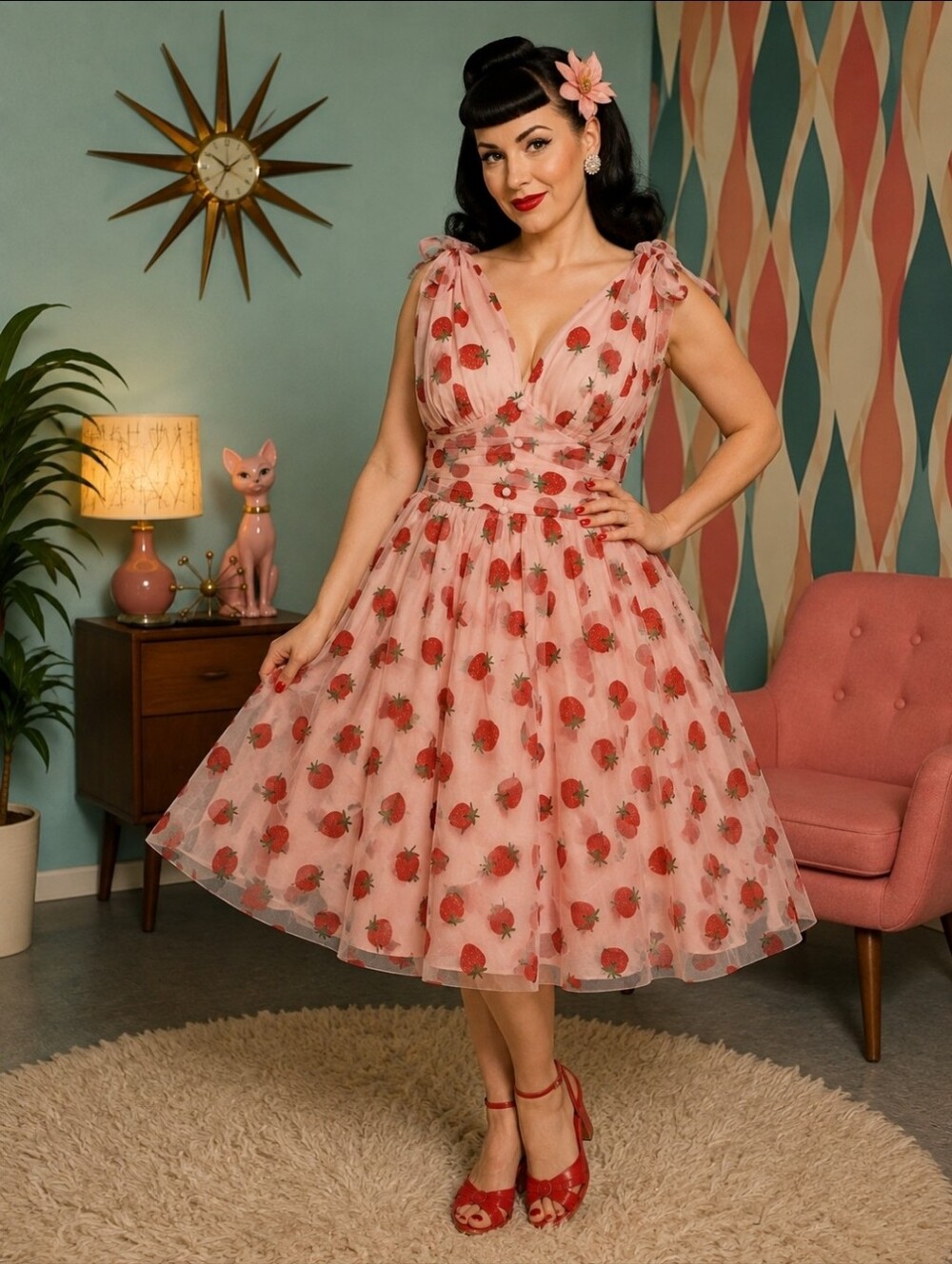 Retrolicious Pink Strawberry Print Fit & Flare Midi Dress